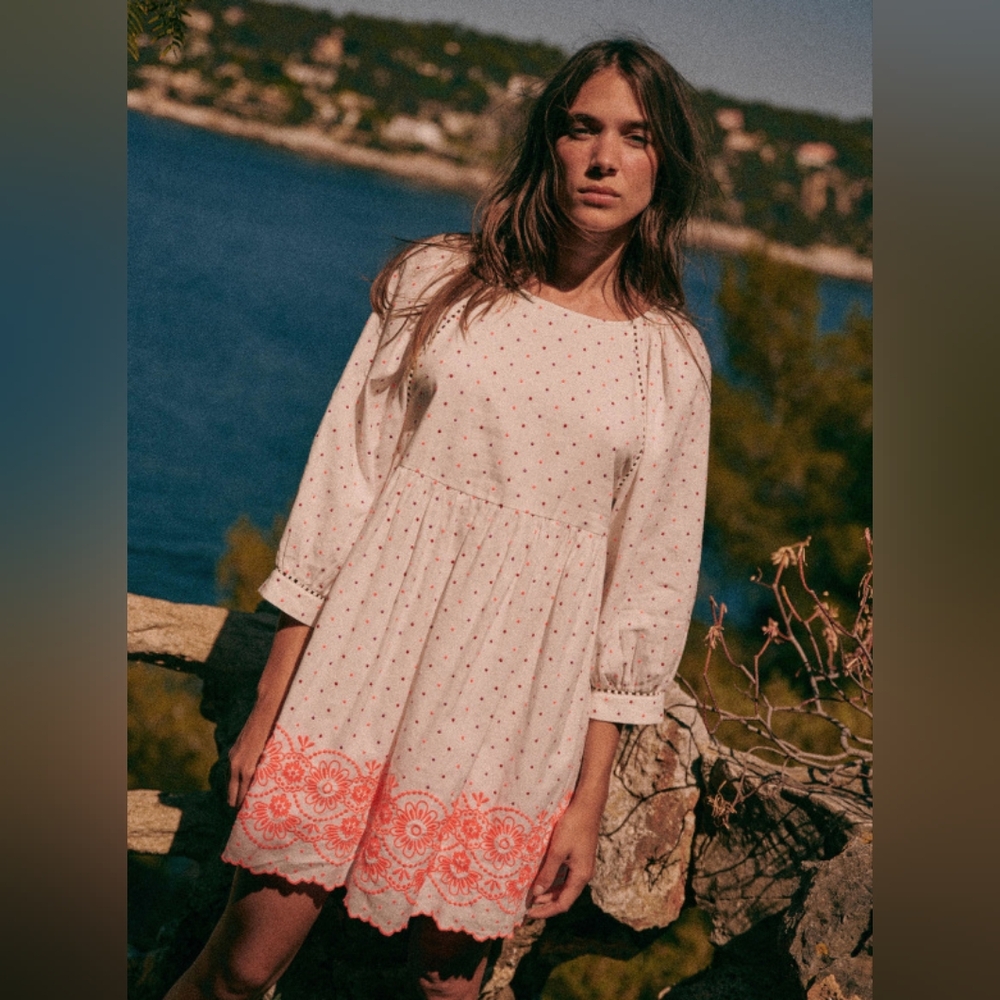 Sezane Cream Mini Dress with Coral Embroidered Hem